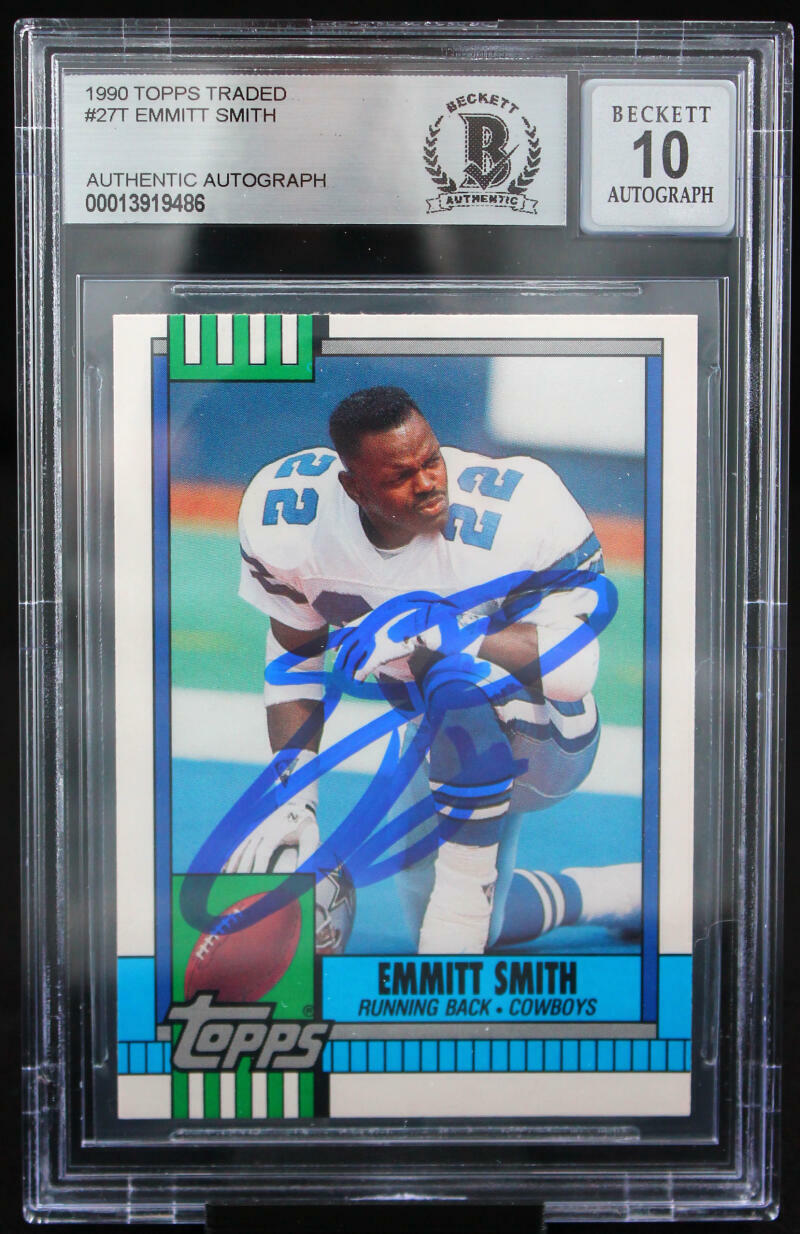 1990 Topps Traded #27T Emmitt Smith Auto Dallas Cowboys BGS Autograph 10