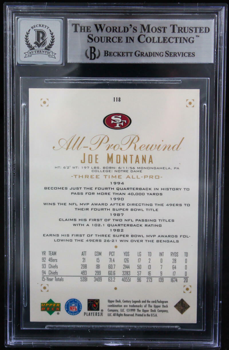 1999 UD Century Legends #118 Joe Montana Auto 49ers BGS Autograph 10
