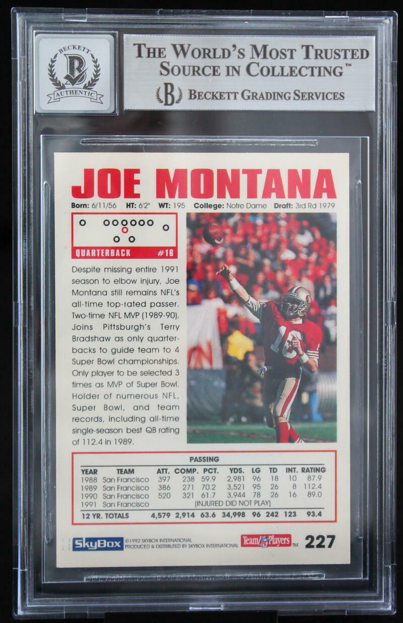 1992 Skybox Impact #227 Joe Montana Auto San Francisco 49ers BGS Autograph 10