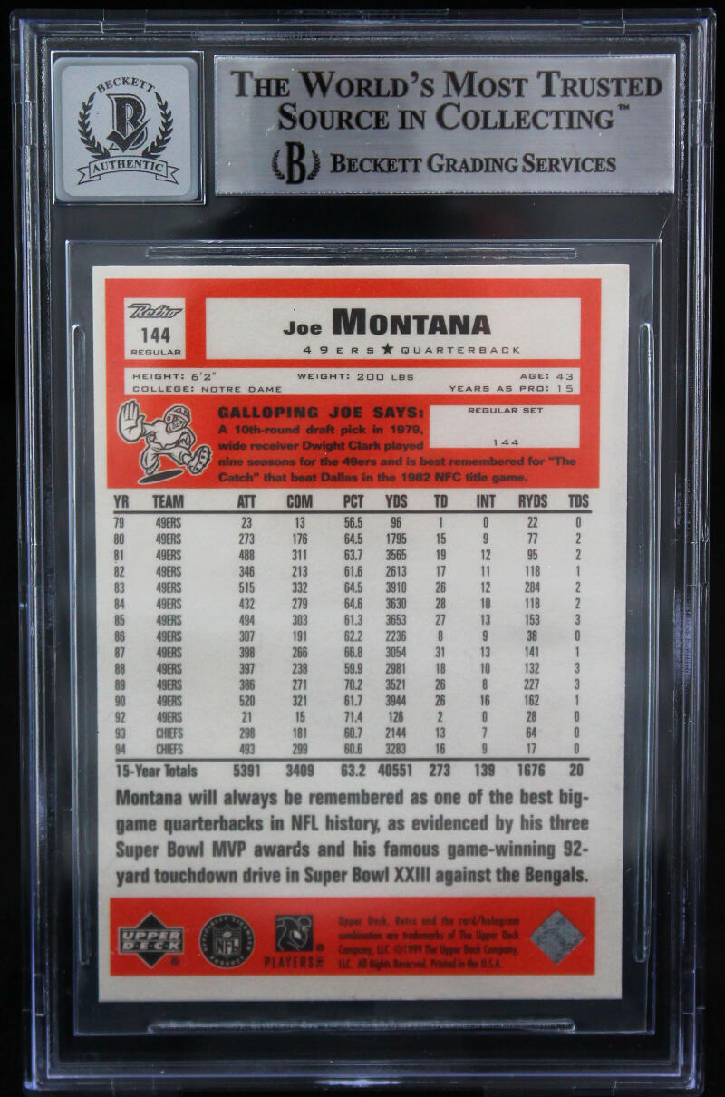 1999 Upper Deck Retro #144 Joe Montana Auto SF 49ers BGS Autograph 10