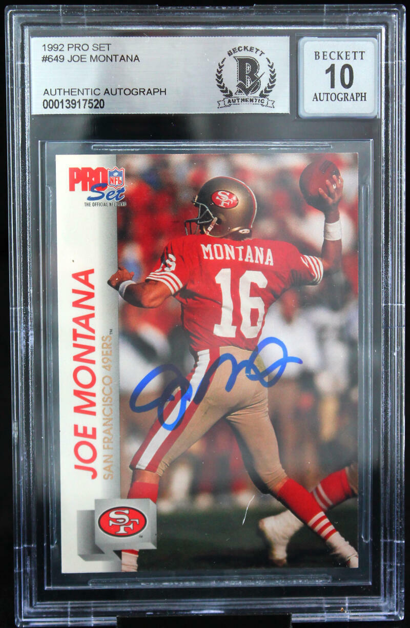 1992 Pro Set #649 Joe Montana Auto San Francisco 49ers BGS Autograph 10