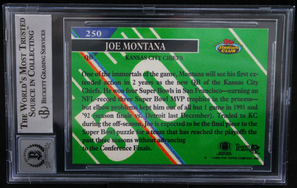 1993 Stadium Club #250 Joe Montana Auto Kansas City Chiefs BGS Autograph 10