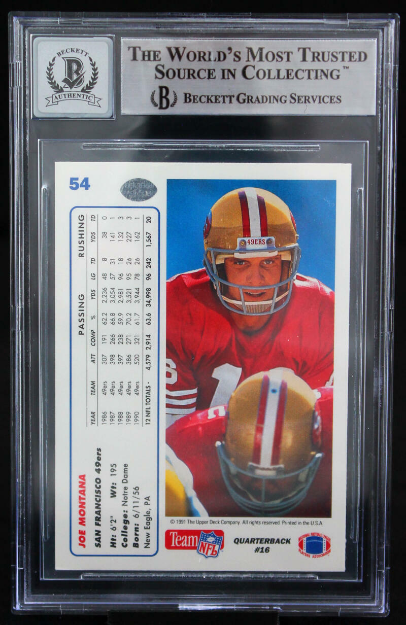 1991 Upper Deck #54 Joe Montana Auto San Francisco 49ers BGS Autograph 10