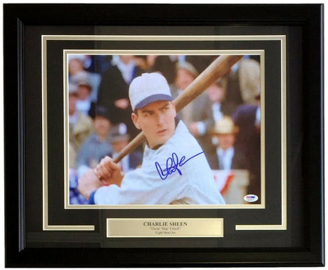 Charlie Sheen Signed Framed 11x14 "Eight Men Out" Oscar Hap Felsch photo by Sports Integrity, features blue autograph and PSA authentication.