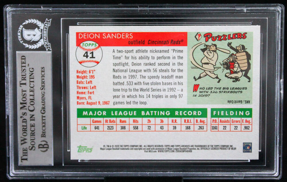 2020 Topps Archives #41 Deion Sanders Cincinnati Reds Autograph Beckett Auth