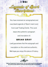 Leaf Brian Gray "Redemption Cards Suck" Signed 2015 Legends of Sport Insc. Card