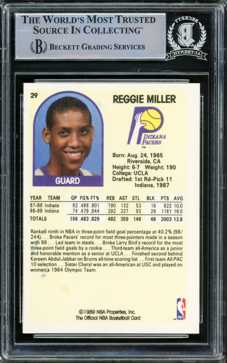 Reggie Miller Autographed 1989-90 Hoops Card #29 Indiana Pacers Beckett BAS #15781109