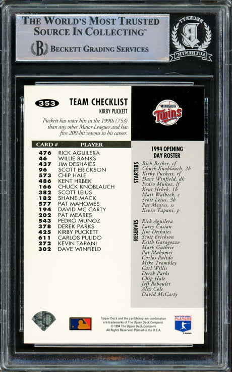 Kirby Puckett Autographed 1994 Upper Deck Collectors Choice Card #353 Minnesota Twins Beckett BAS #15781127