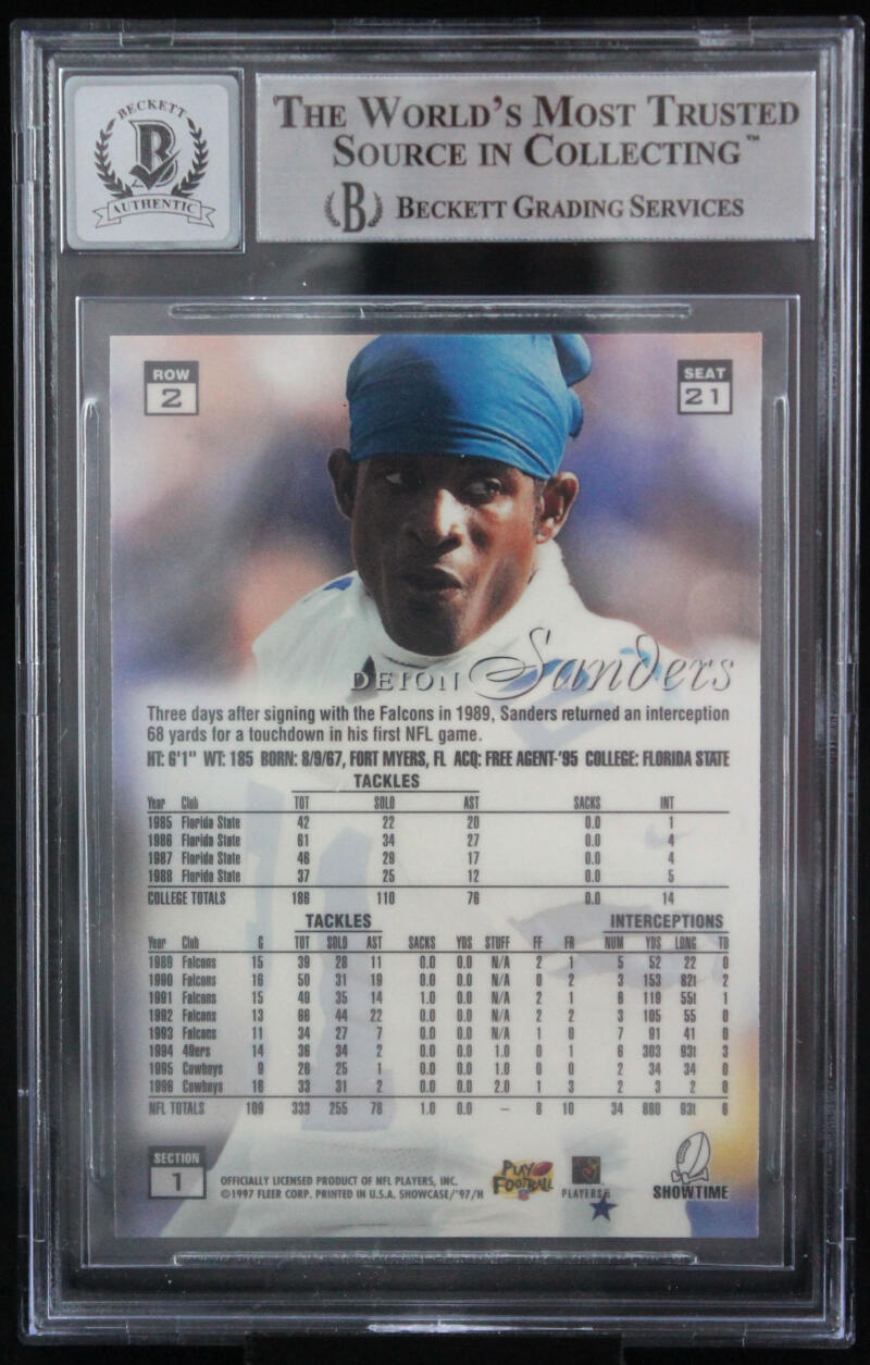 1997 Flair Showcase Row 2 #21 Deion Sanders Dallas Cowboys BGS Autograph 10