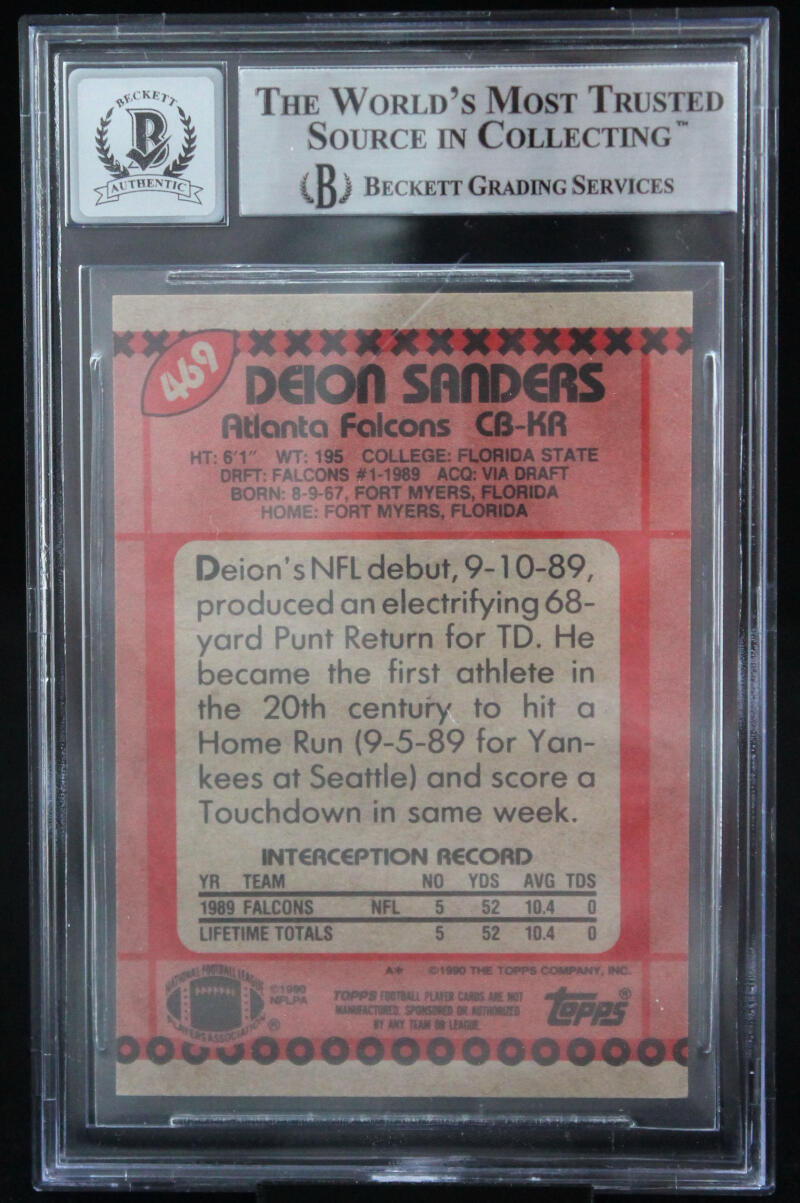 1990 Topps Disclaimer Back #469 Deion Sanders Atlanta Falcons BGS Autograph 10