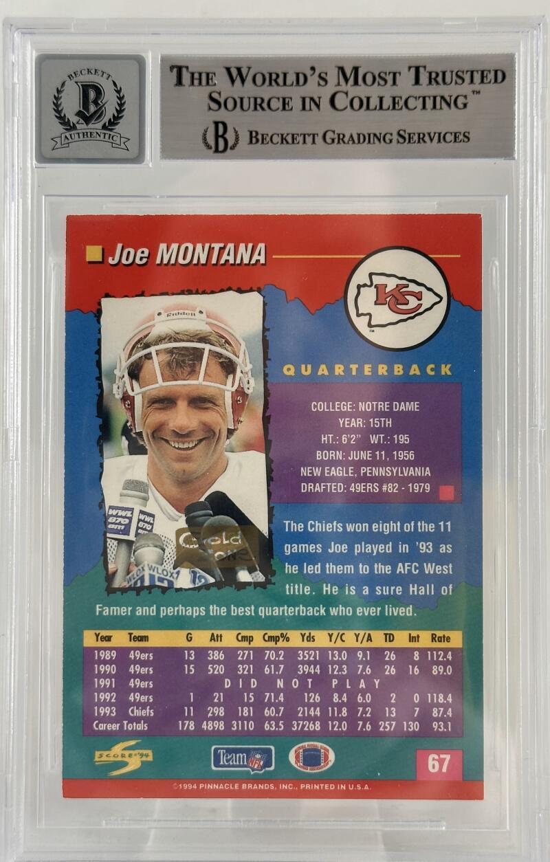 1994 Score Gold Zone #67 Joe Montana Auto Kansas City Chiefs BGS Autograph 10
