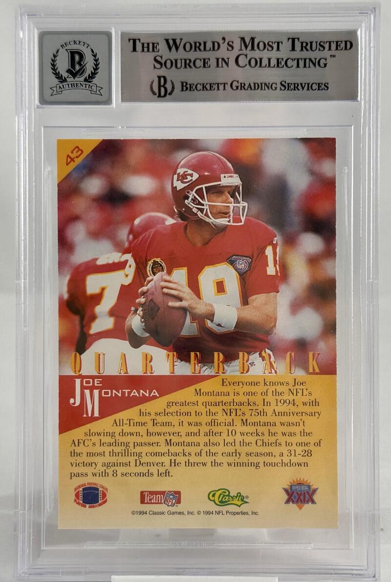 1994 Classic NFL Experience #43 Joe Montana Auto Kansas Chiefs BGS Autograph 10
