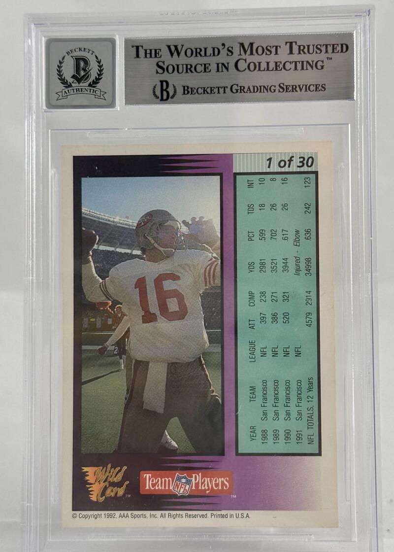 1992 Wild Card Field Force #1 Joe Montana Auto SF 49ers BGS Autograph 10