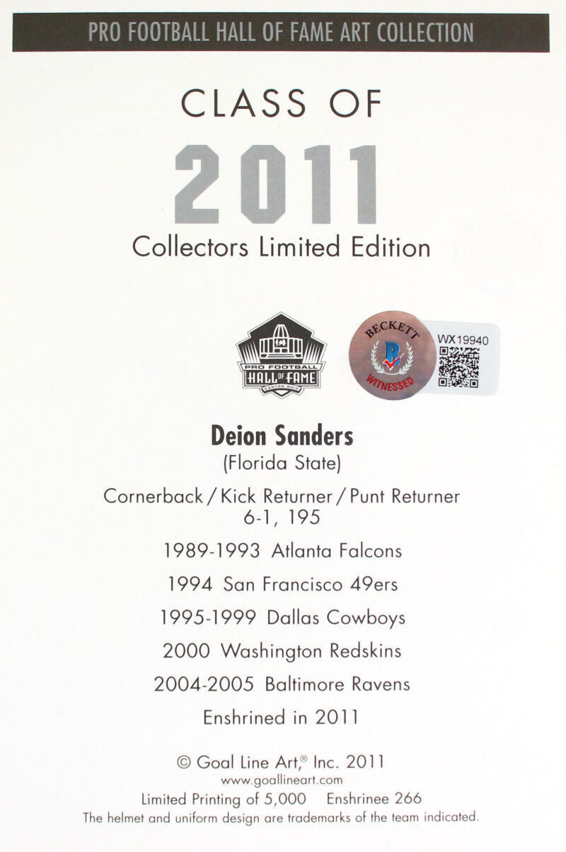 Deion Sanders Signed Atlanta Falcons Goal Line Art Card w/HOF - Beckett W Holo