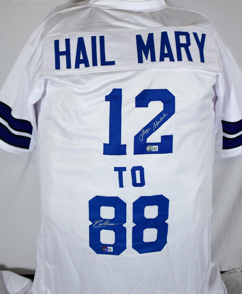 Roger Staubach Drew Pearson Autographed White Pro Style Jersey-Beckett W Holo *2