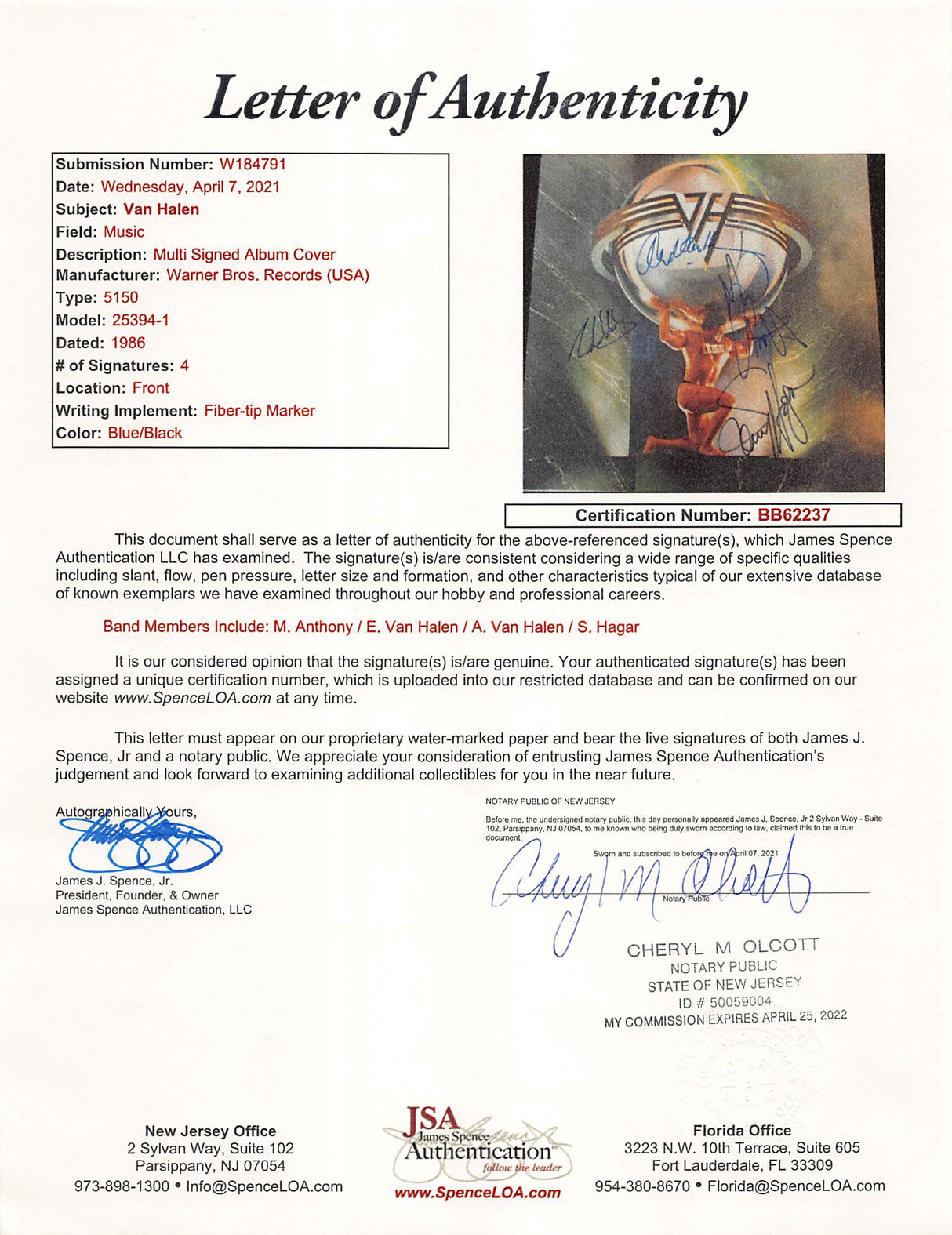 Van Halen (4) Eddie, Alex, Anthony & Hagar Signed 5150 Album Cover JSA #BB62237
