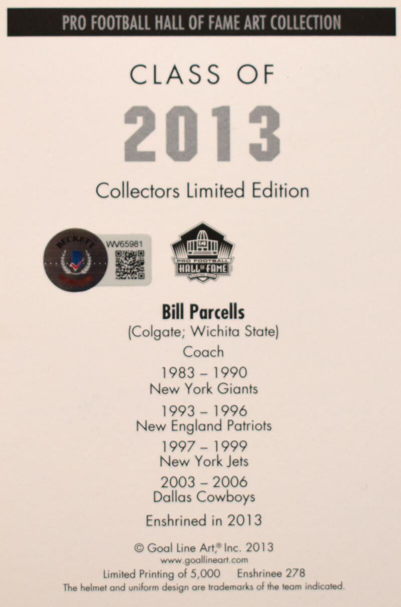 Bill Parcells Autographed Giants Goal Line Art Card w/HOF- Beckett W Hologram