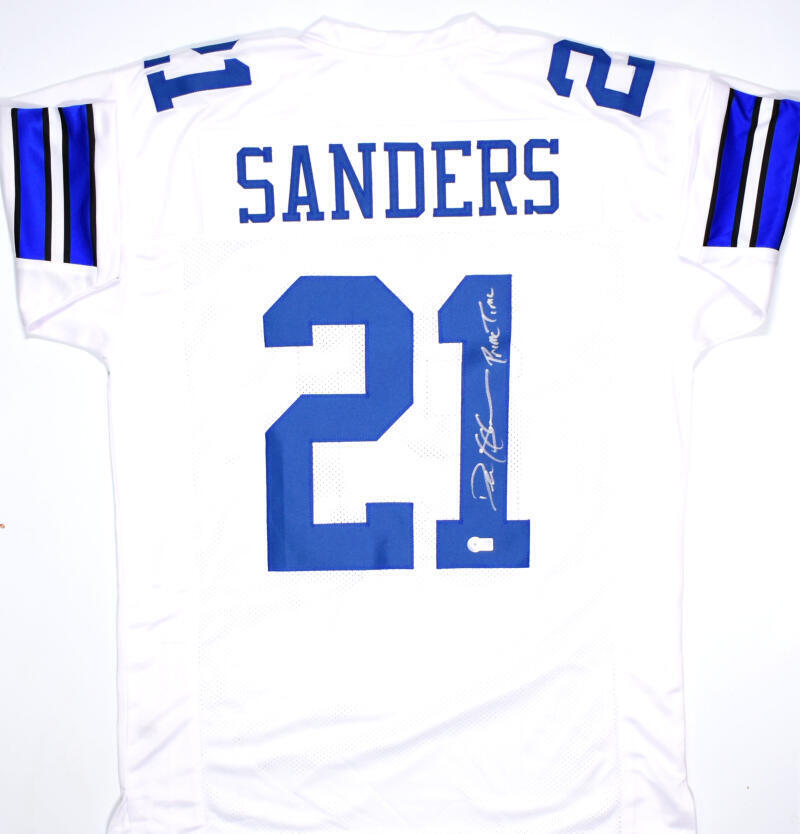 Deion Sanders Autographed White Pro Style Jersey w/Prime Time - Beckett W Holo