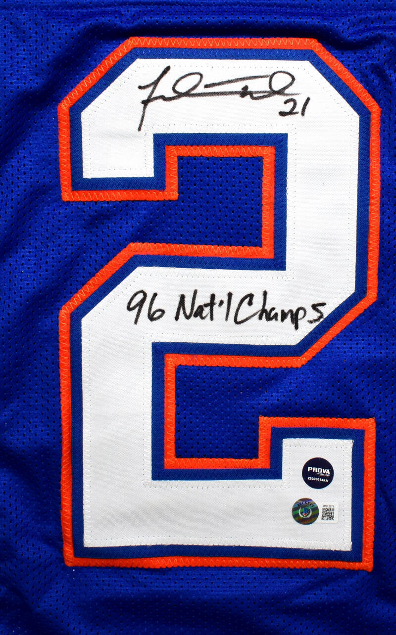 Fred Taylor Signed Blue College Style Jersey w/ 96 Natl Champs- Beckett W Holo