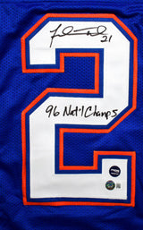 Fred Taylor Signed Blue College Style Jersey w/ 96 Natl Champs- Beckett W Holo