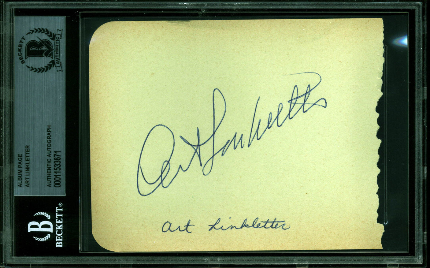 Art Linkletter House Party Authentic Signed 4x5 Album Page BAS Slabbed