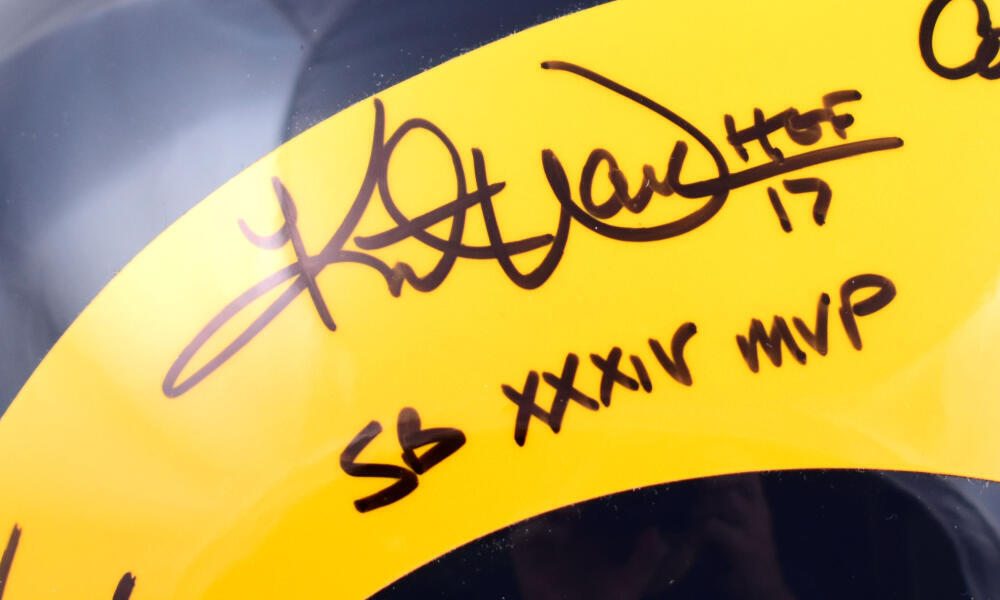 M. Faulk K. Warner D. Vermeil Signed F/S Rams Authentic Helmet w/HOF- BA W Holo