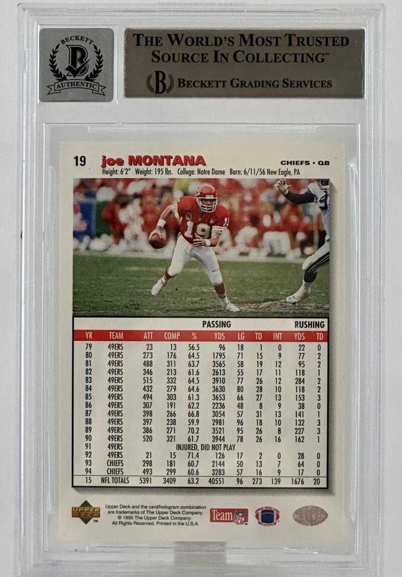 1995 NFL Properties Back to School #6 Joe Montana Auto KC Chiefs BGS Auto 10