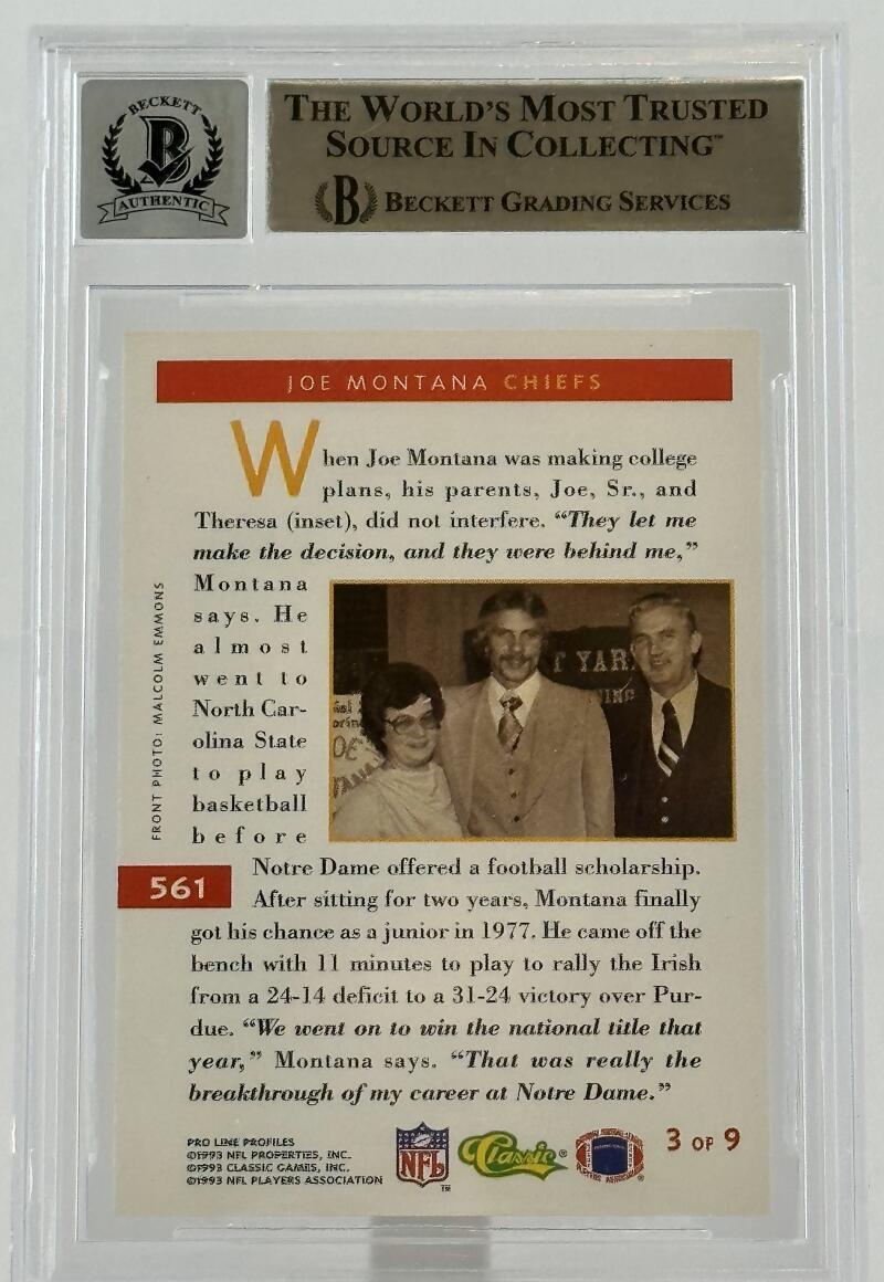 1993 Pro Line Profiles #561 Joe Montana Auto Kansas City Chiefs BGS Autograph 10