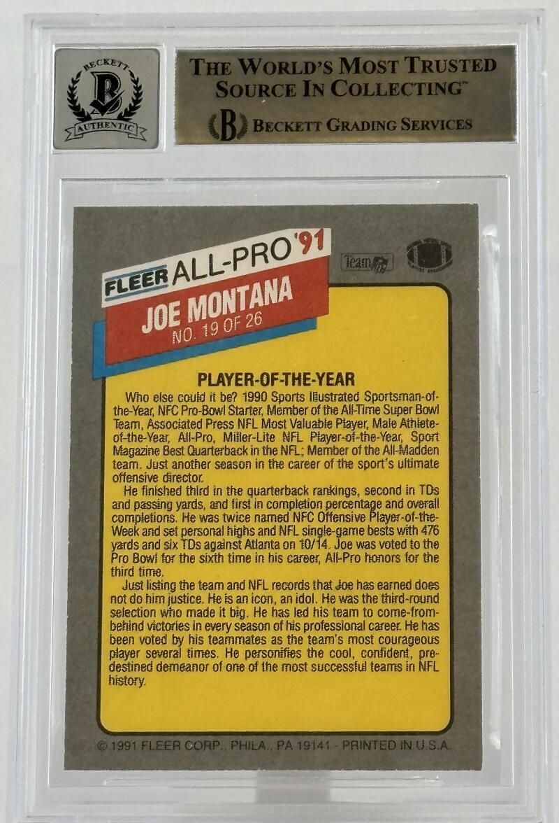 1991 Fleer All-Pros #19 Joe Montana Auto San Francisco 49ers BGS Autograph 10