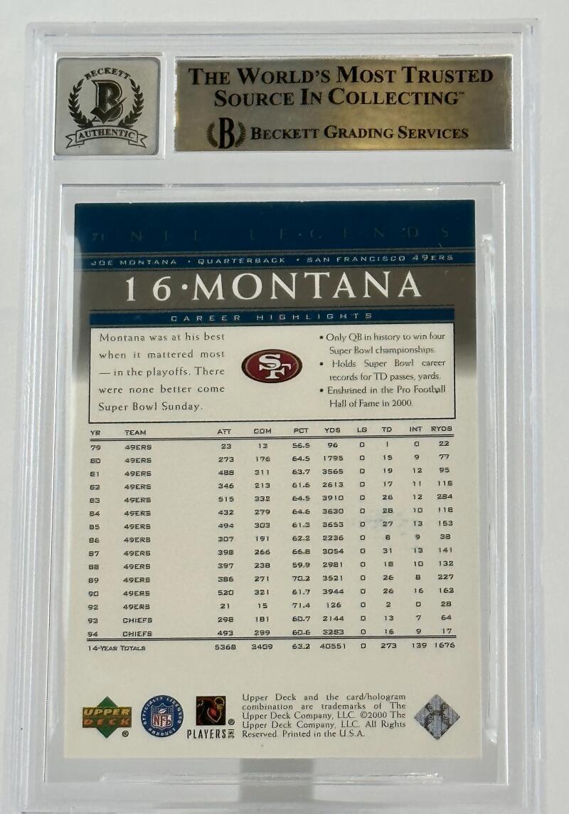 2000 Upper Deck Legends #71 Joe Montana Auto SF 49ers BGS Autograph 10
