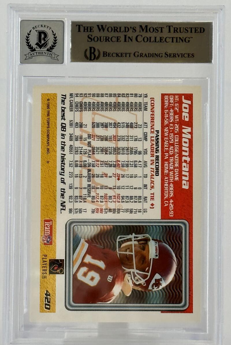 1995 Topps #420 Joe Montana Auto Kansas City Chiefs BGS Autograph 10