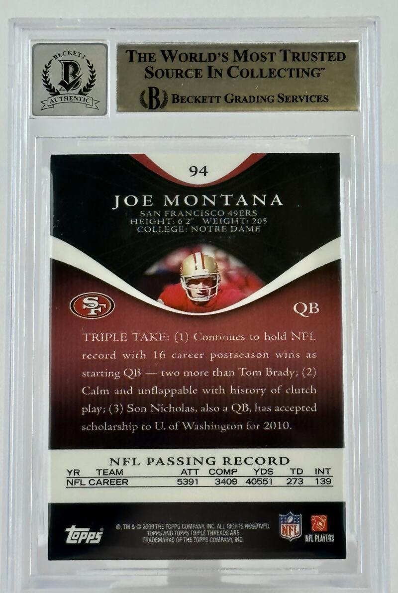 2009 Topps Triple Threads #94 Joe Montana Auto SF 49ers BGS Autograph 10