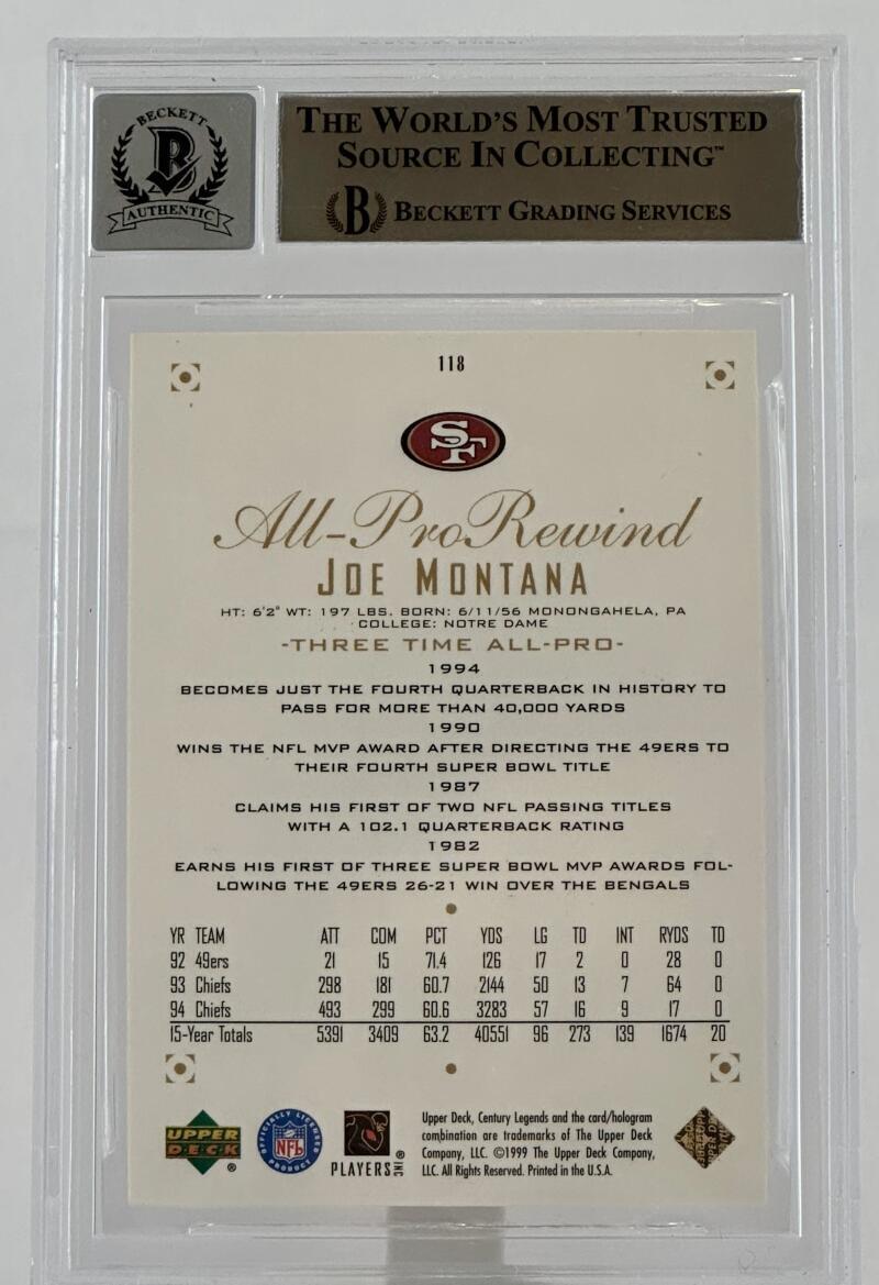 1999 Upper Deck Century Legends #118 Joe Montana Auto SF 49ers BGS Autograph 10