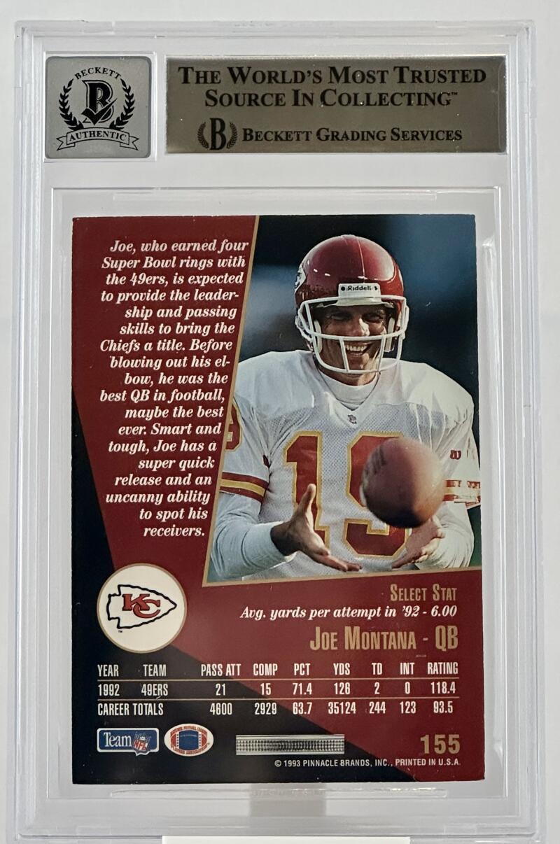 1993 Score Select #155 Joe Montana Auto Kansas City Chiefs BGS Autograph 10