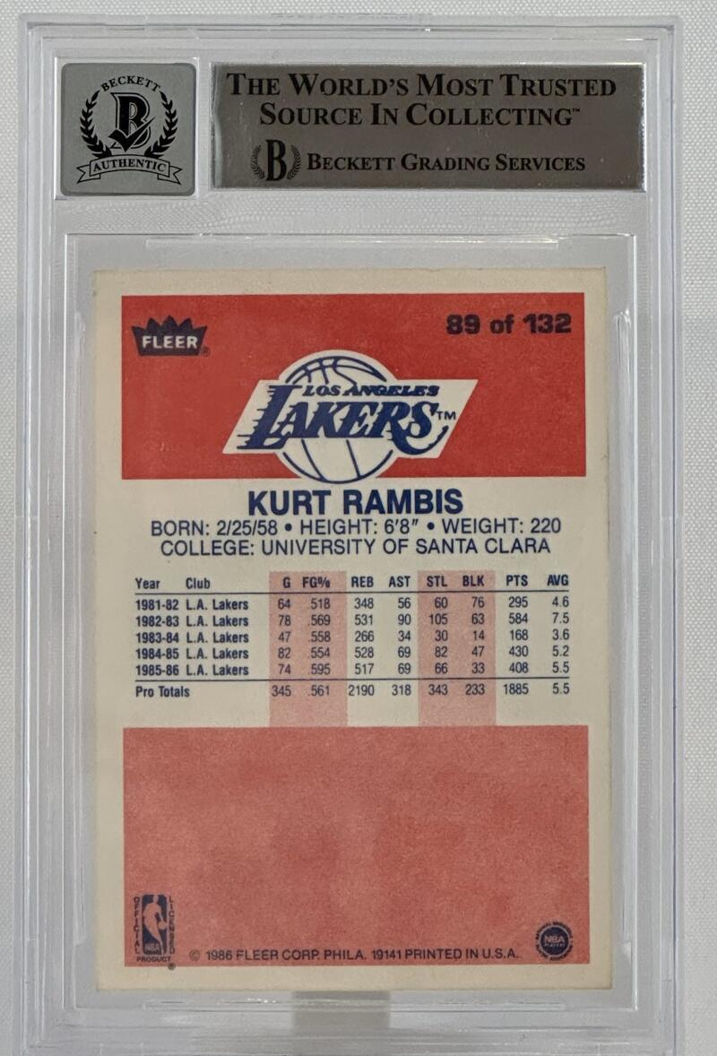 1986-87 Fleer #89 Kurt Rambis Auto Los Angles Lakers BGS Autograph 10