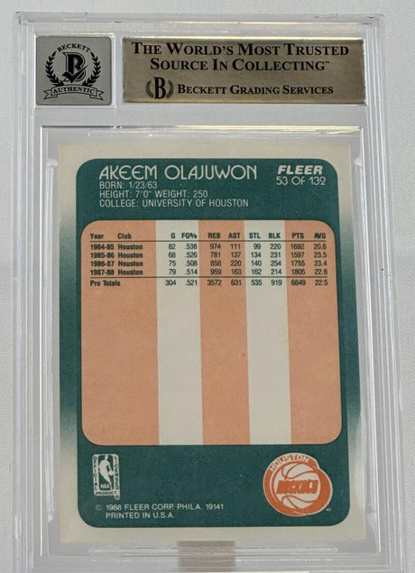 1988-89 Fleer #53 Hakeem Olajuwon Auto Houston Rockets BAS Autograph 10