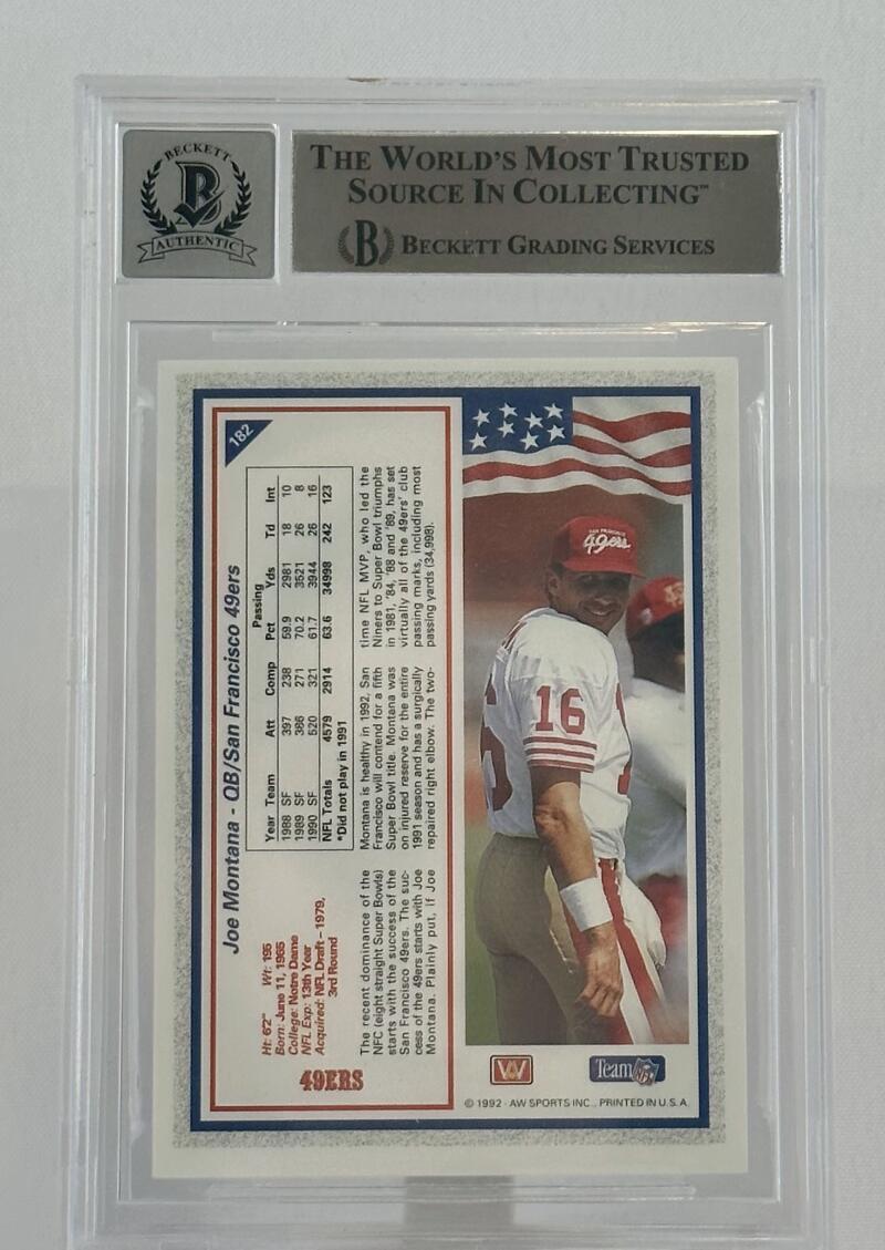 1992 All World #182 Joe Montana Auto San Francisco 49ers BGS Autograph 10