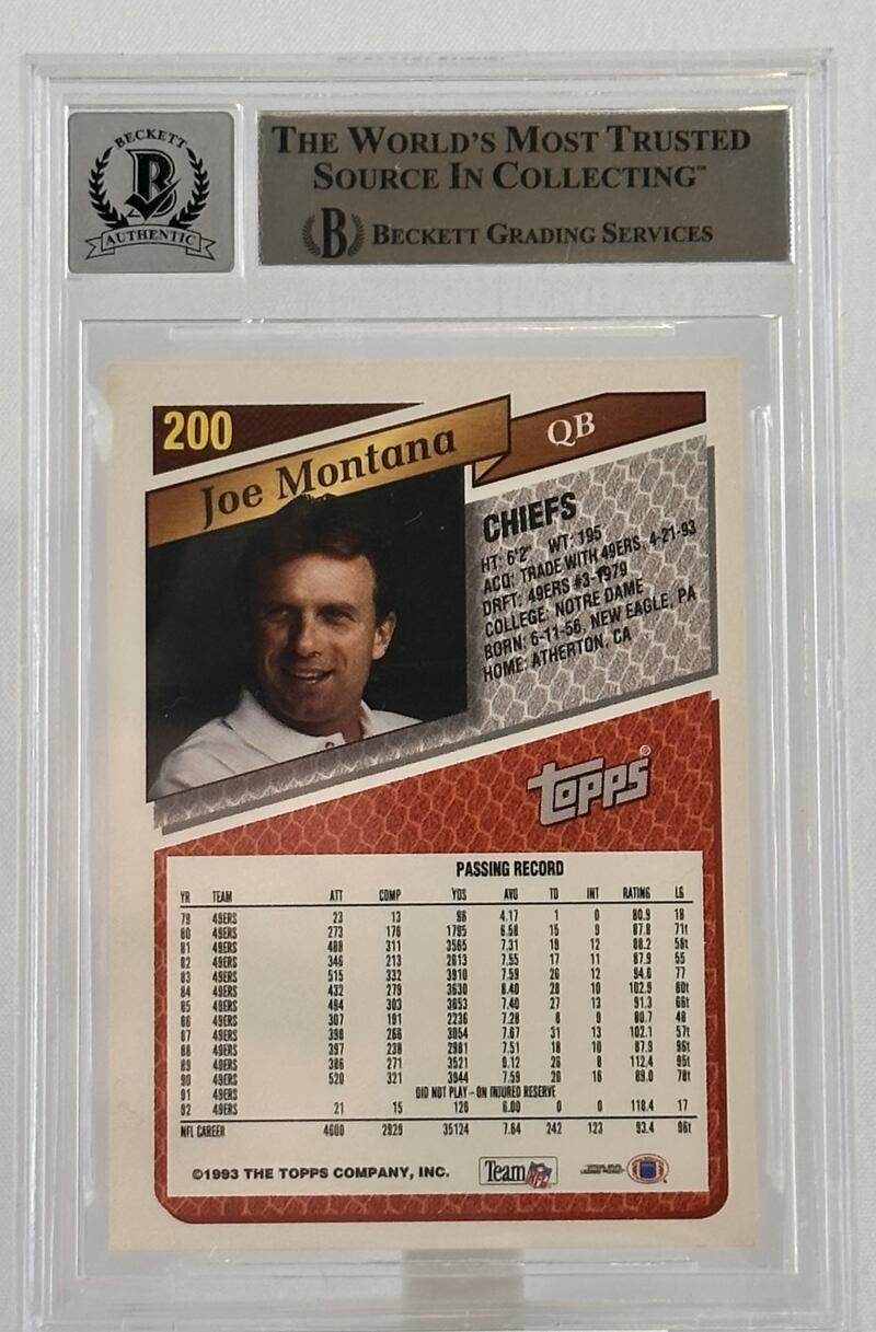 1993 Topps #200 Joe Montana Auto Kansas City Chiefs BGS Autograph 10