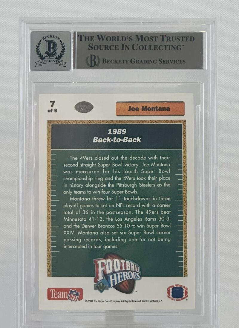 1991 Upper Deck Football Heroes #7 Joe Montana SF 49ers BGS Autograph 10
