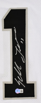 Sebastian Janikowski Autographed White Pro Style STAT Jersey- Beckett W Hologram