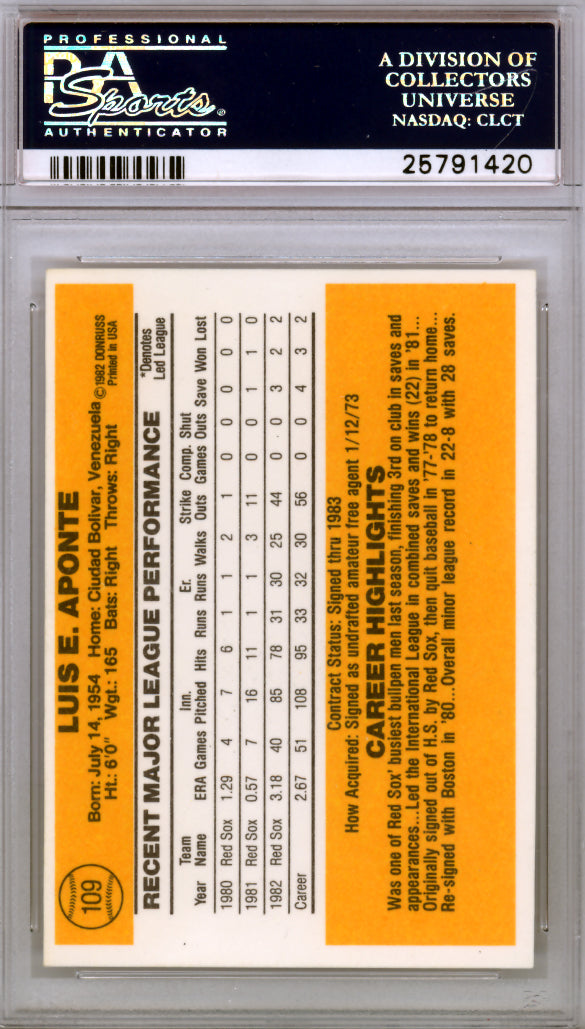 Luis Aponte Autographed 1983 Donruss Rookie Card #109 Boston Red Sox PSA/DNA #25791420
