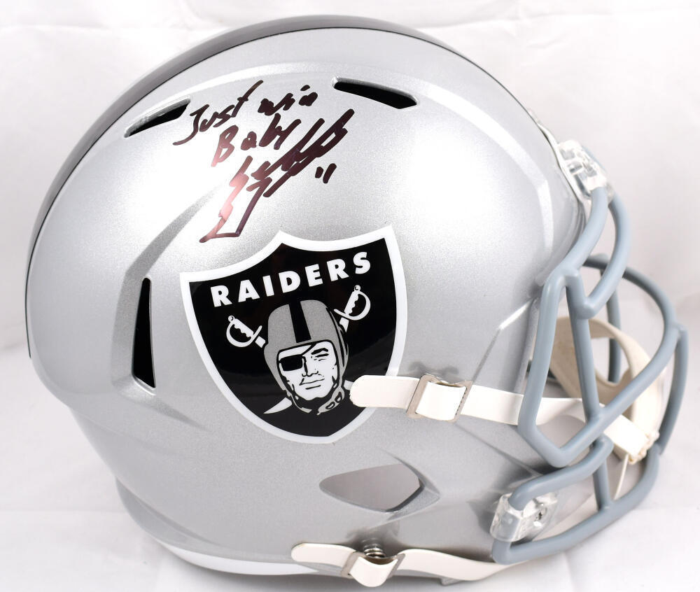 Sebastian Janikowski Signed Raiders F/S Speed Helmet w/Just Win Baby-Beckett W