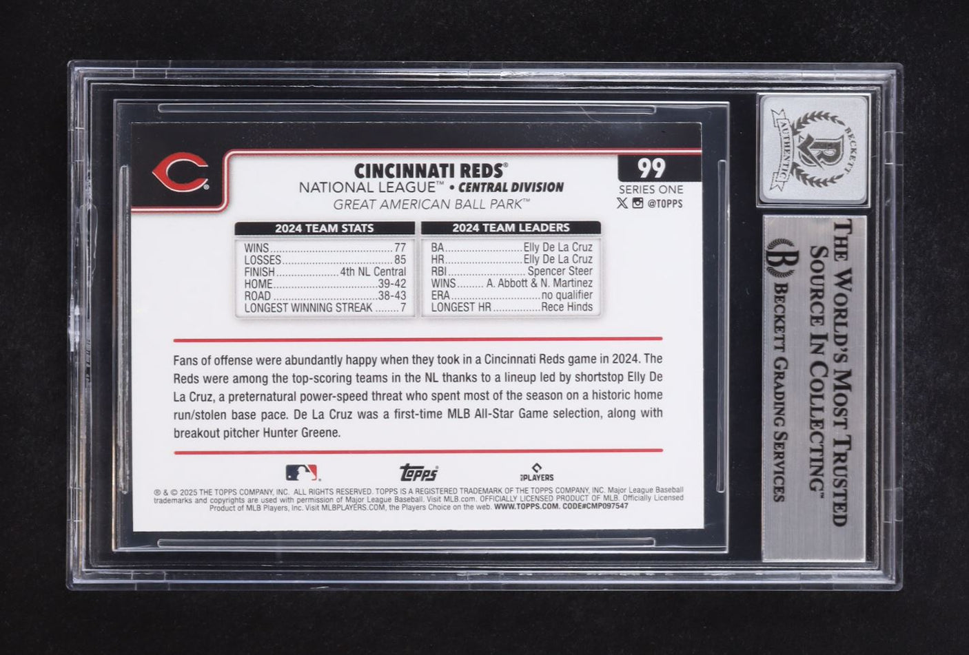 Elly De La Cruz Signed Reds 2025 Topps #99 (Beckett | Auto Grade BGS 10)