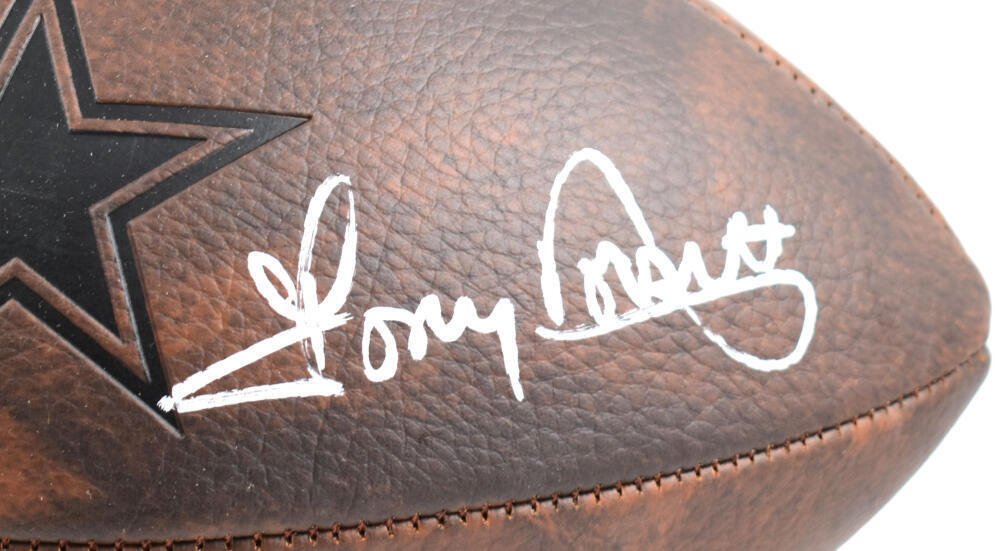 Tony Dorsett R. Staubach Signed Cowboys Distressed Logo Football- Beckett W Holo