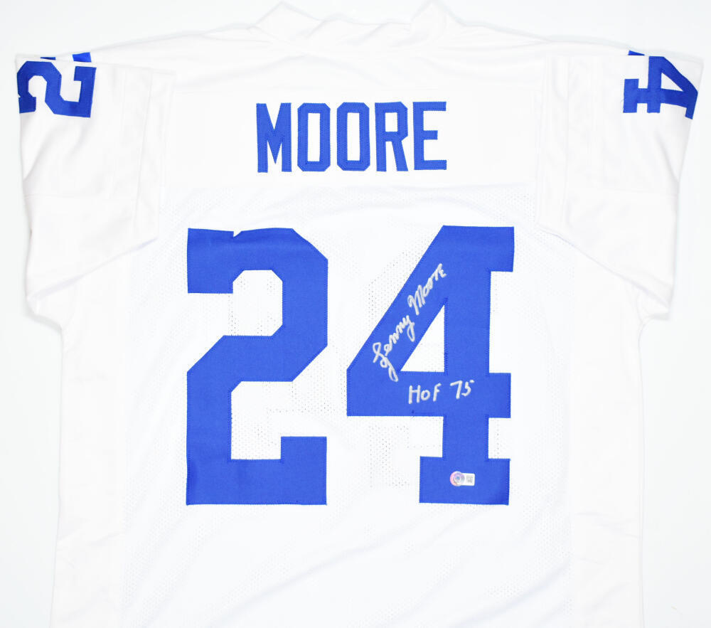 Lenny Moore Autographed White Pro Style Jersey w/HOF-Beckett W Hologram *Silver