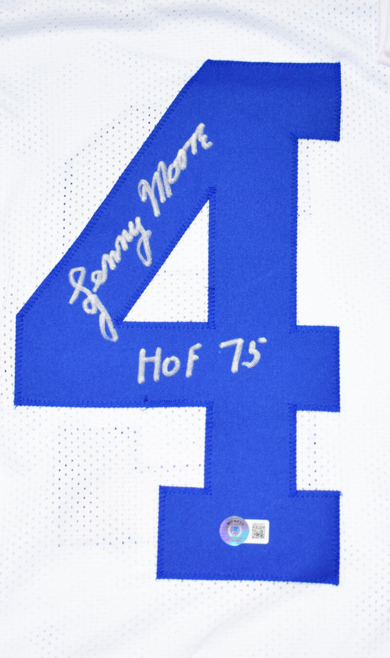 Lenny Moore Autographed White Pro Style Jersey w/HOF-Beckett W Hologram *Silver