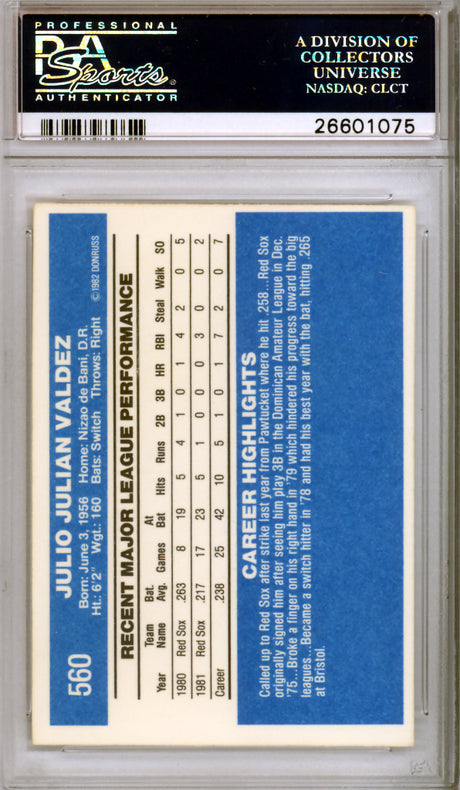 Julio Valdez Autographed 1982 Donruss Card #560 Boston Red Sox PSA/DNA #26601075