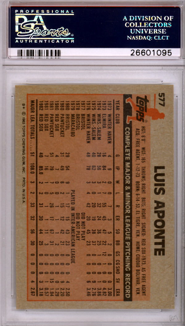 Luis Aponte Autographed 1983 Topps Rookie Card #577 Boston Red Sox PSA/DNA #26601095