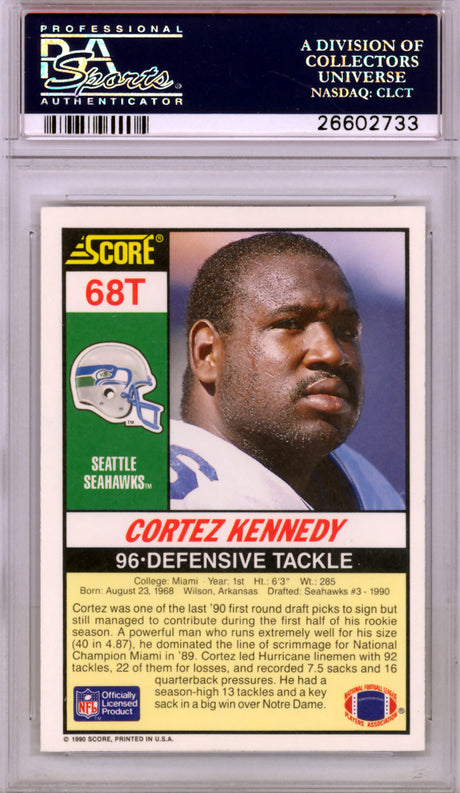 Cortez Kennedy Autographed 1990 Score Rookie Card #68T Seattle Seahawks PSA/DNA Stock #114594