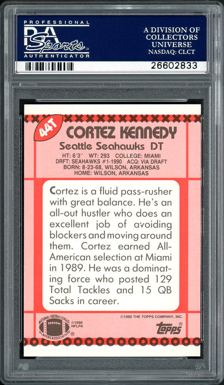 Cortez Kennedy Autographed 1990 Topps Traded Rookie Card #44T Seattle Seahawks PSA/DNA Stock #114593